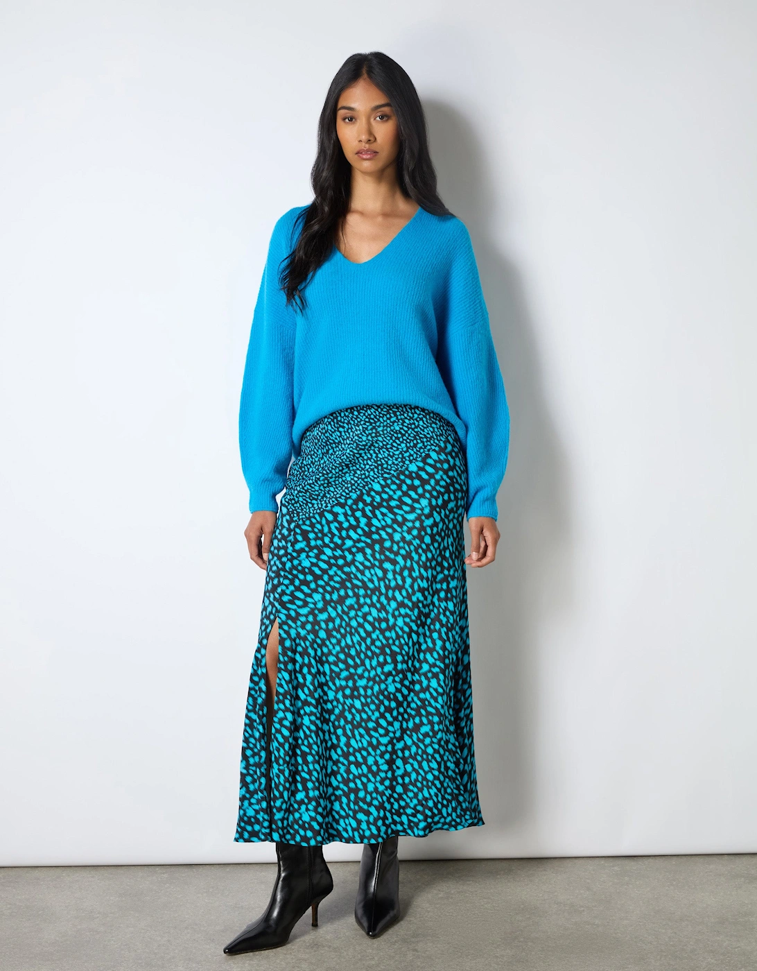 Blue Dash Print Contrast Panel Skirt