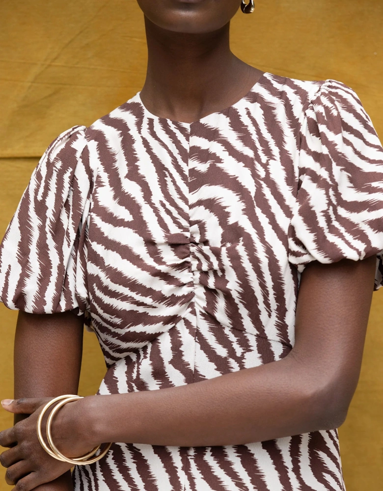 Brown Zebra Print Puff Sleeve Dress