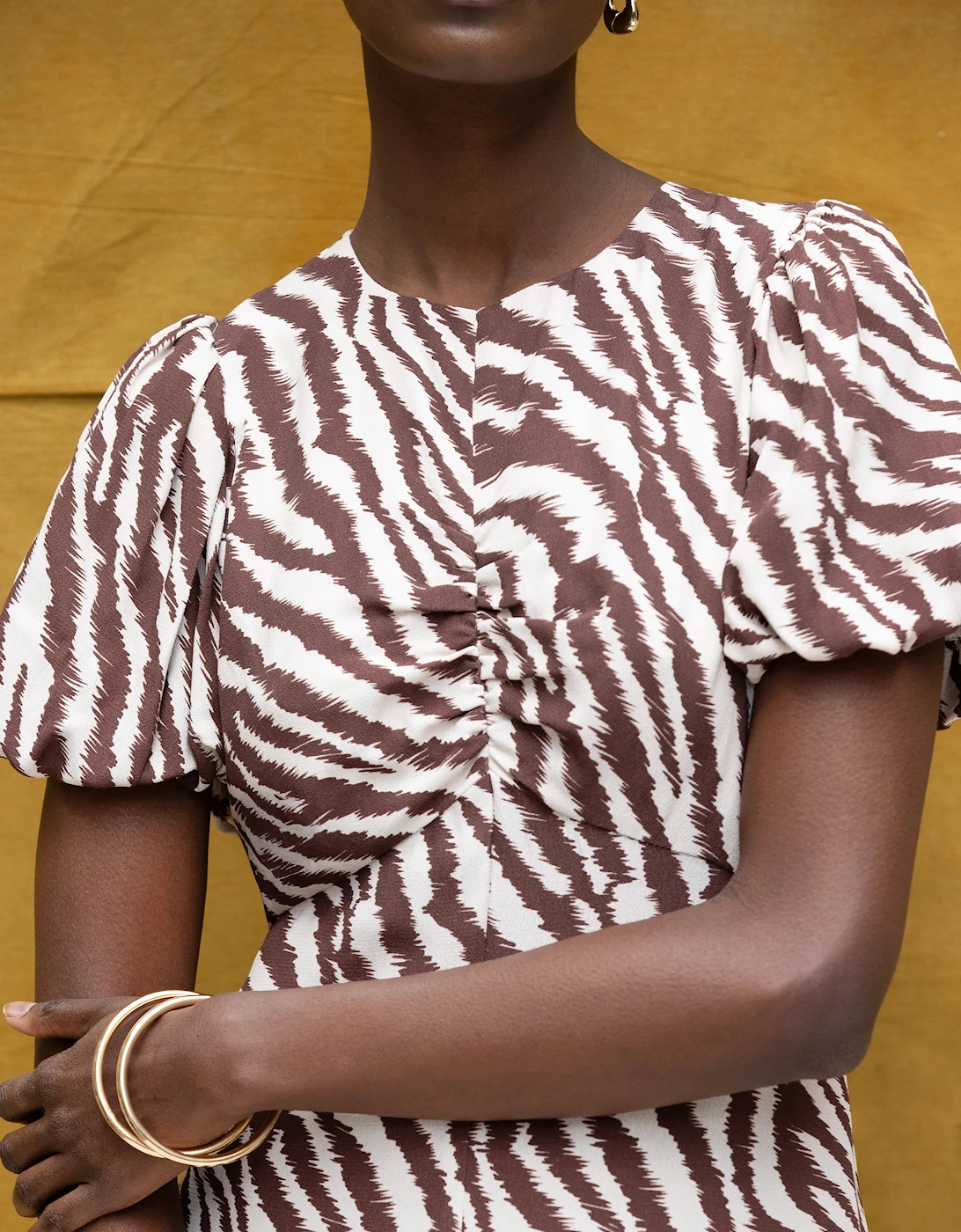 Brown Zebra Print Puff Sleeve Dress