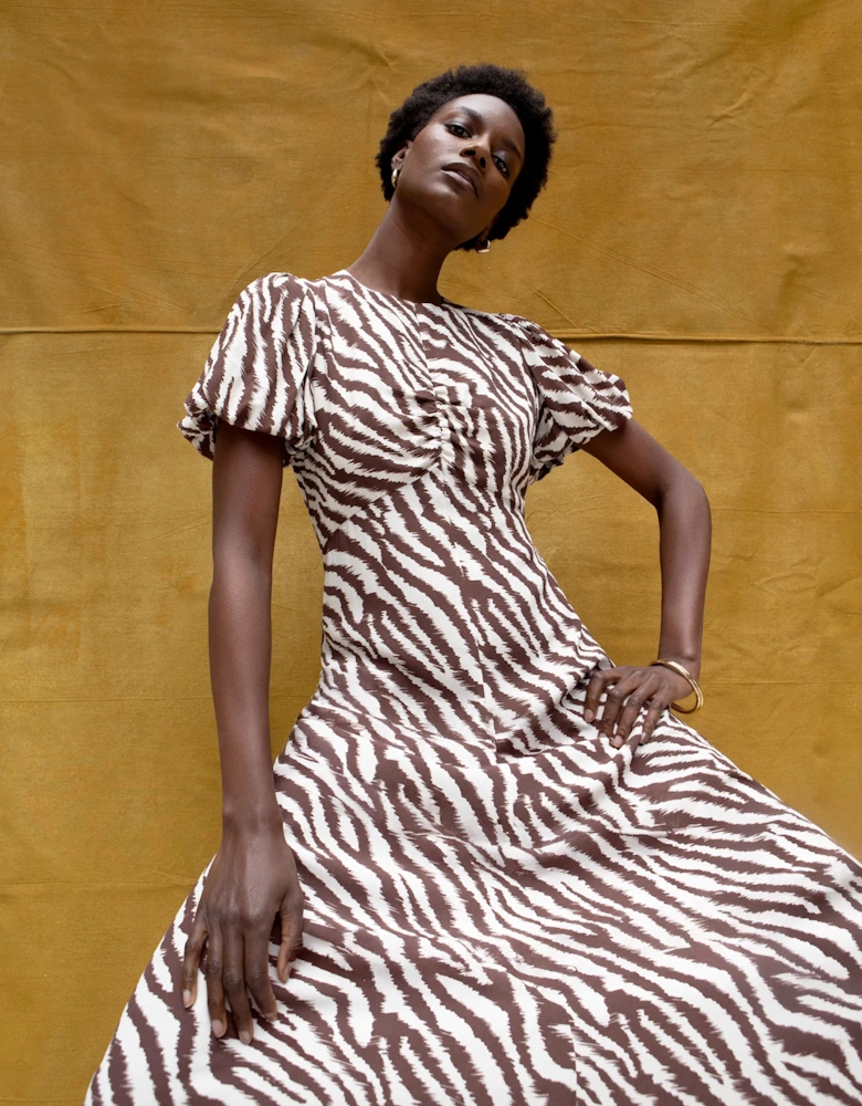 Brown Zebra Print Puff Sleeve Dress