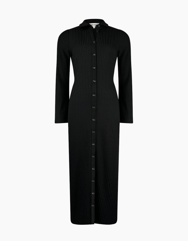 Black Rib Button Through Dress