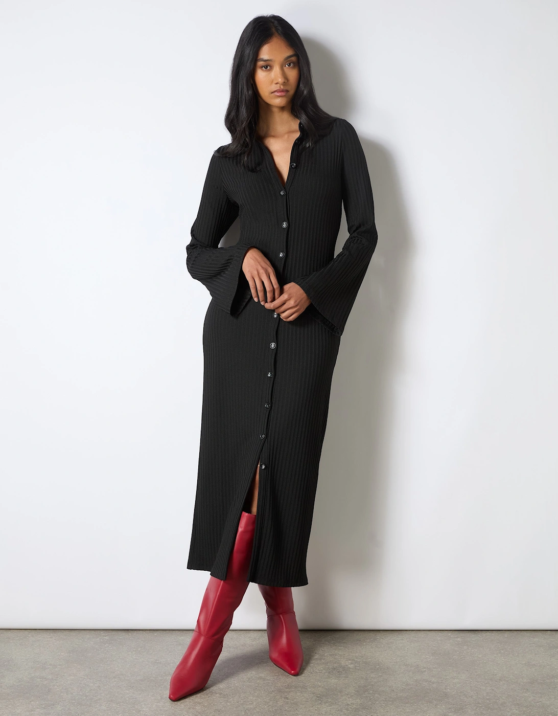 Black Rib Button Through Dress