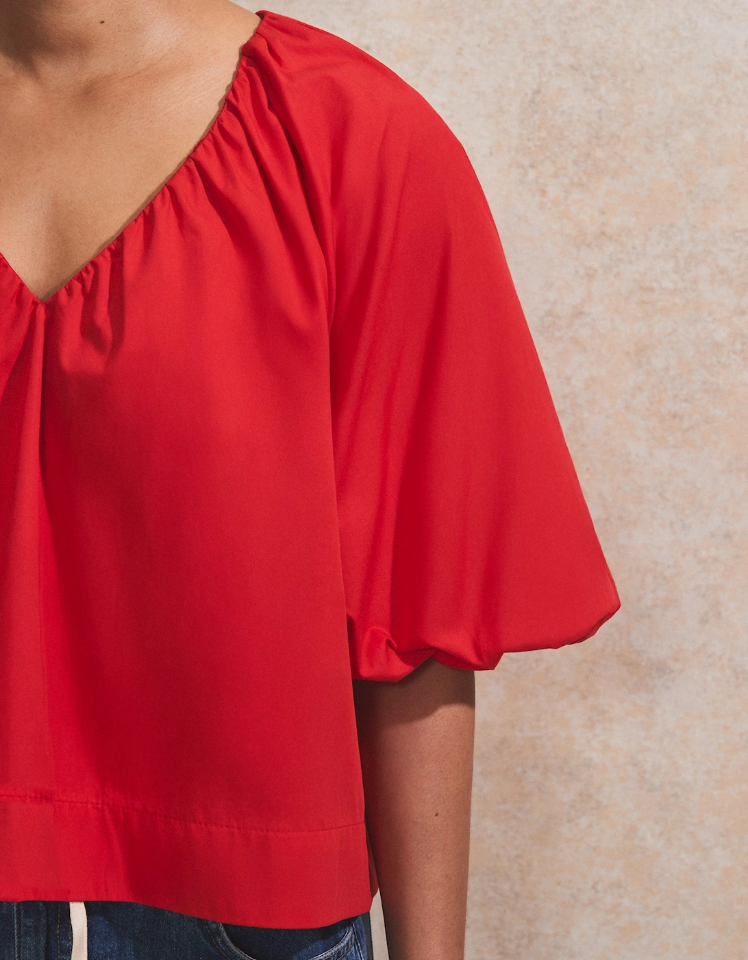Red Gathered-Sleeve V-Neck Top