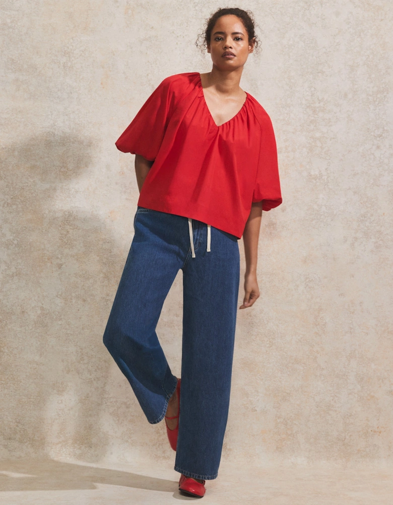 Red Gathered-Sleeve V-Neck Top