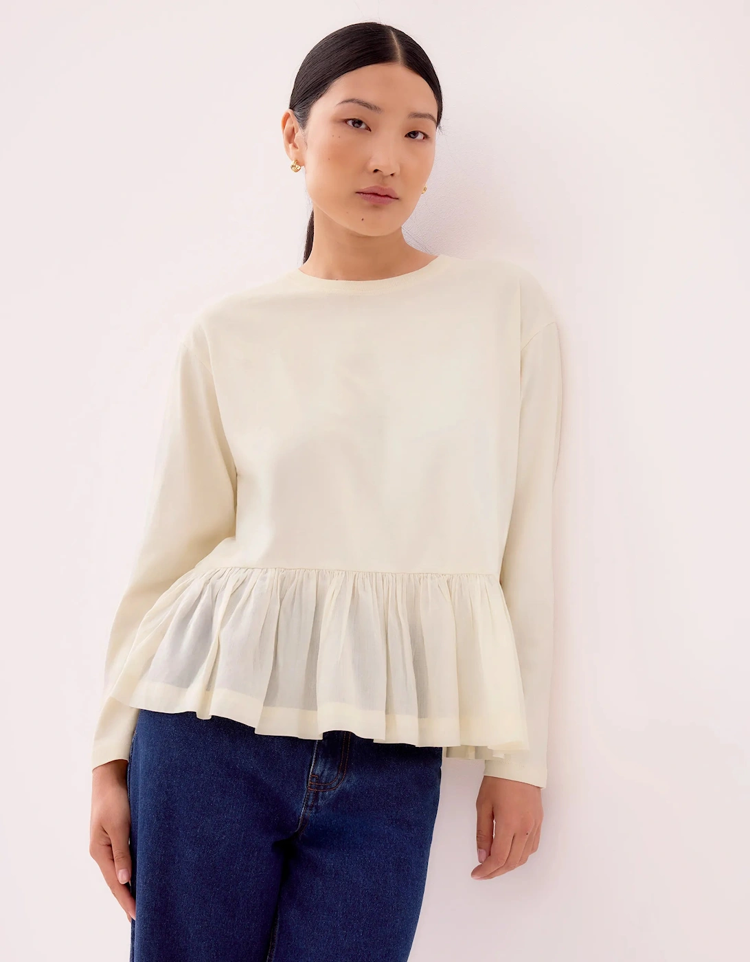Cream Peplum-Hem Long-Sleeved Organic Cotton T-Shirt