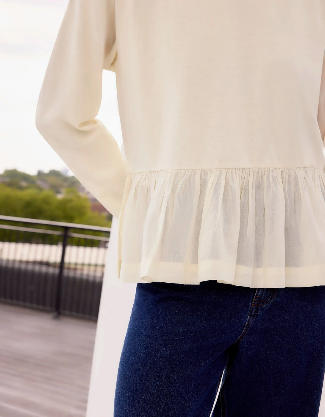 Cream Peplum-Hem Long-Sleeved Organic Cotton T-Shirt