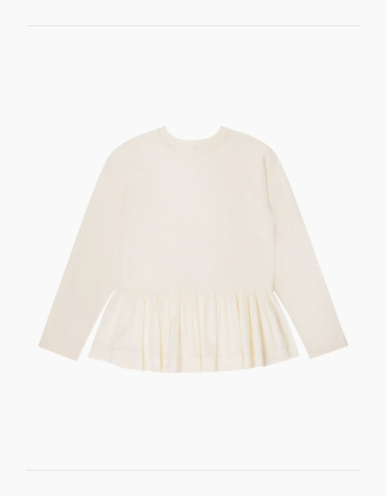 Cream Peplum-Hem Long-Sleeved Organic Cotton T-Shirt