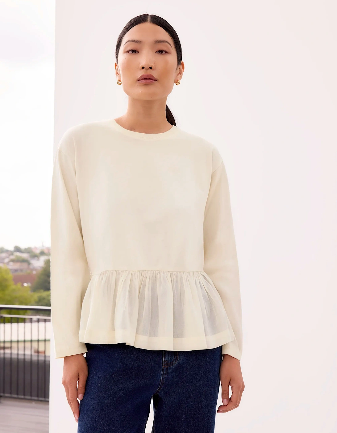 Cream Peplum-Hem Long-Sleeved Organic Cotton T-Shirt