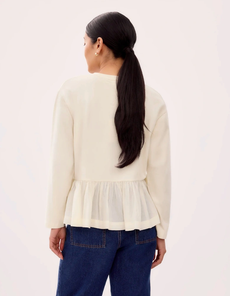 Cream Peplum-Hem Long-Sleeved Organic Cotton T-Shirt