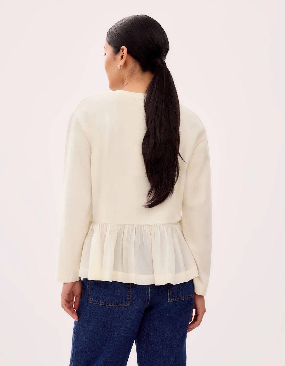 Cream Peplum-Hem Long-Sleeved Organic Cotton T-Shirt