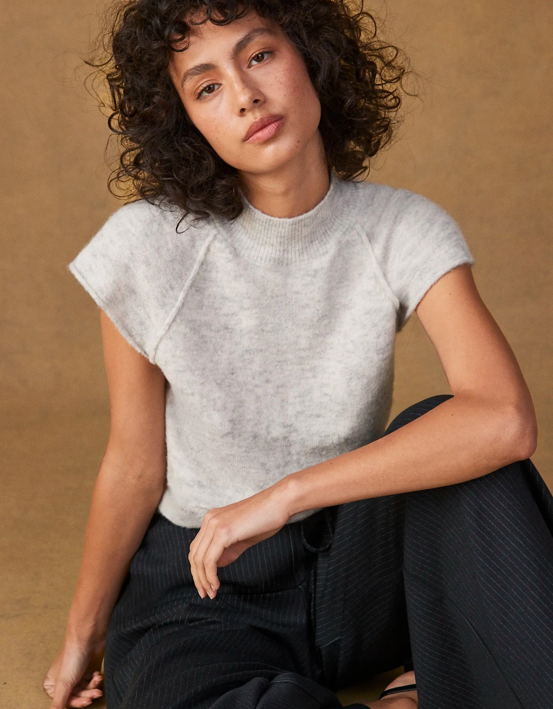 Grey Turtleneck Knit Top with Wool and Alpaca