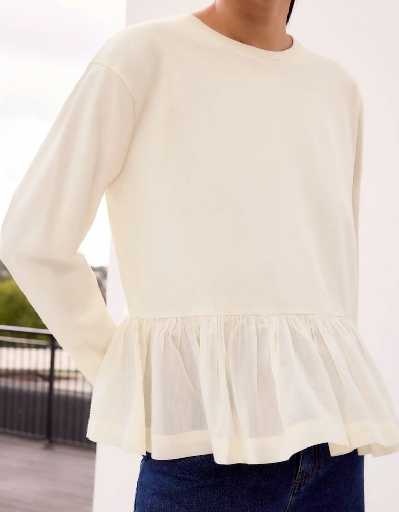 Cream Peplum-Hem Long-Sleeved Organic Cotton T-Shirt