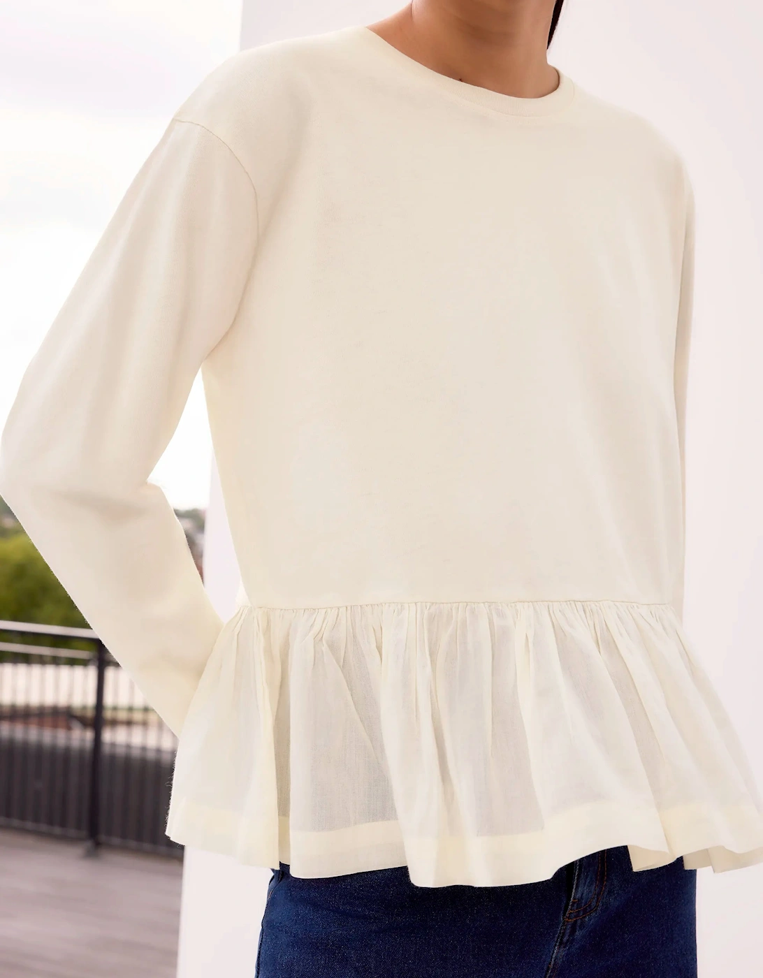 Cream Peplum-Hem Long-Sleeved Organic Cotton T-Shirt