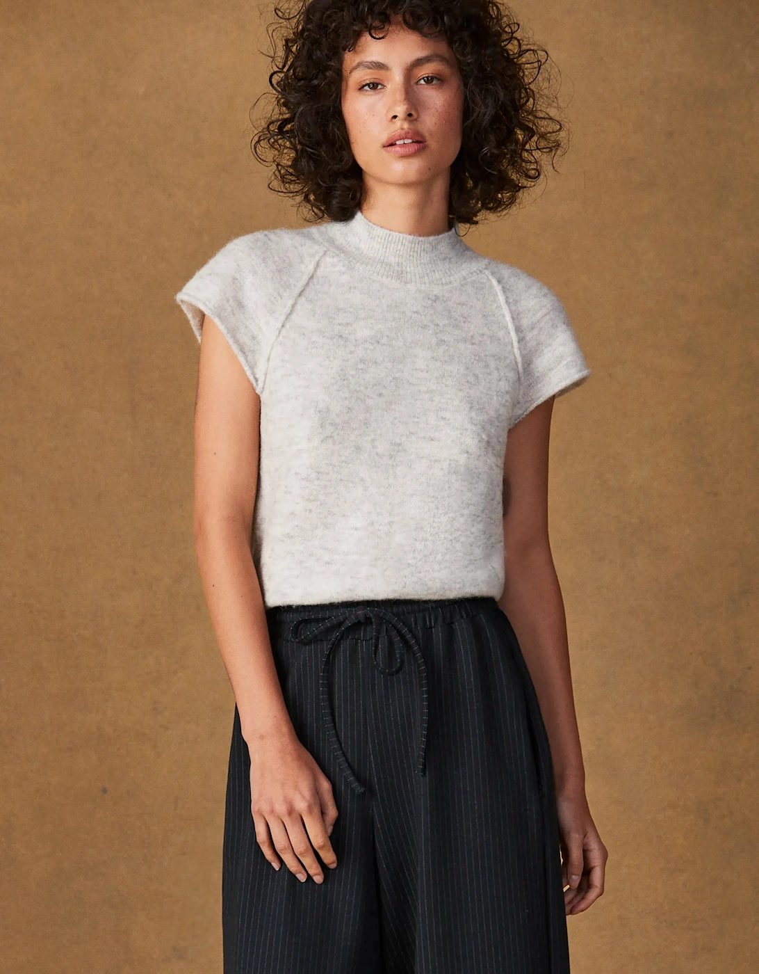 Grey Turtleneck Knit Top with Wool and Alpaca
