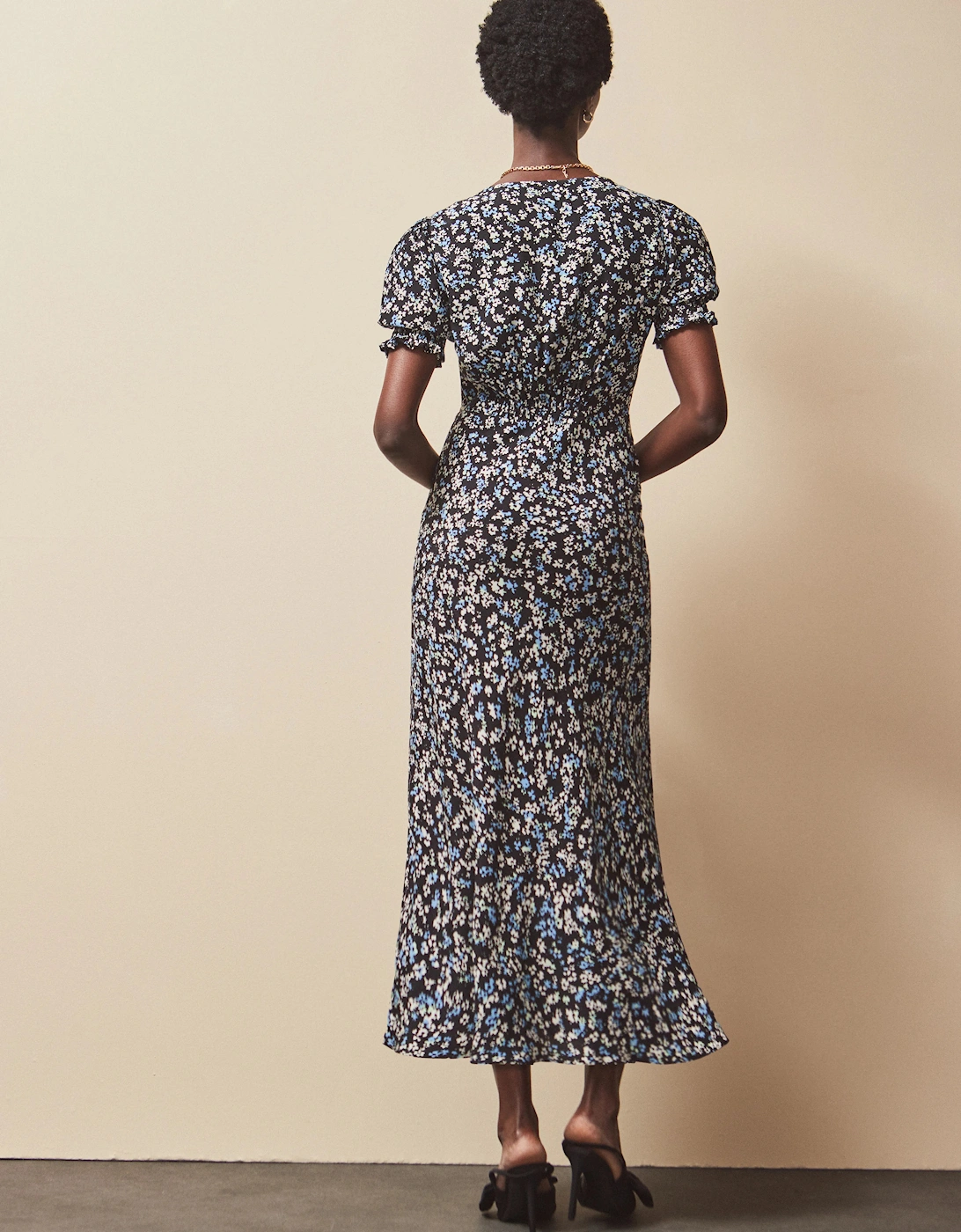 Blue Ditsy Print Shirred Cuff Midi Dress