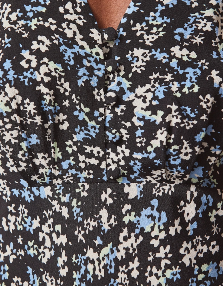 Blue Ditsy Print Shirred Cuff Midi Dress