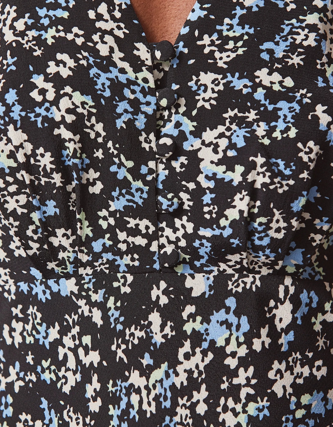 Blue Ditsy Print Shirred Cuff Midi Dress