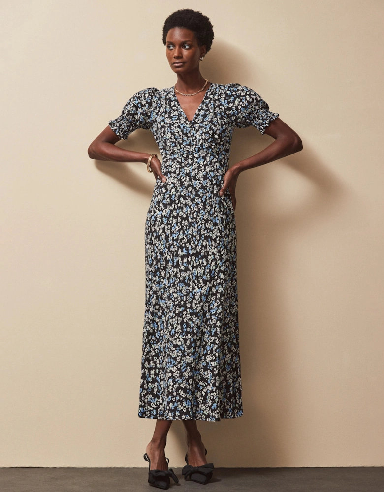 Blue Ditsy Print Shirred Cuff Midi Dress