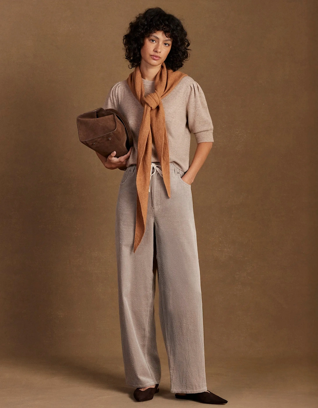 Petite Cappuccino Cord Drawstring Waist Trousers
