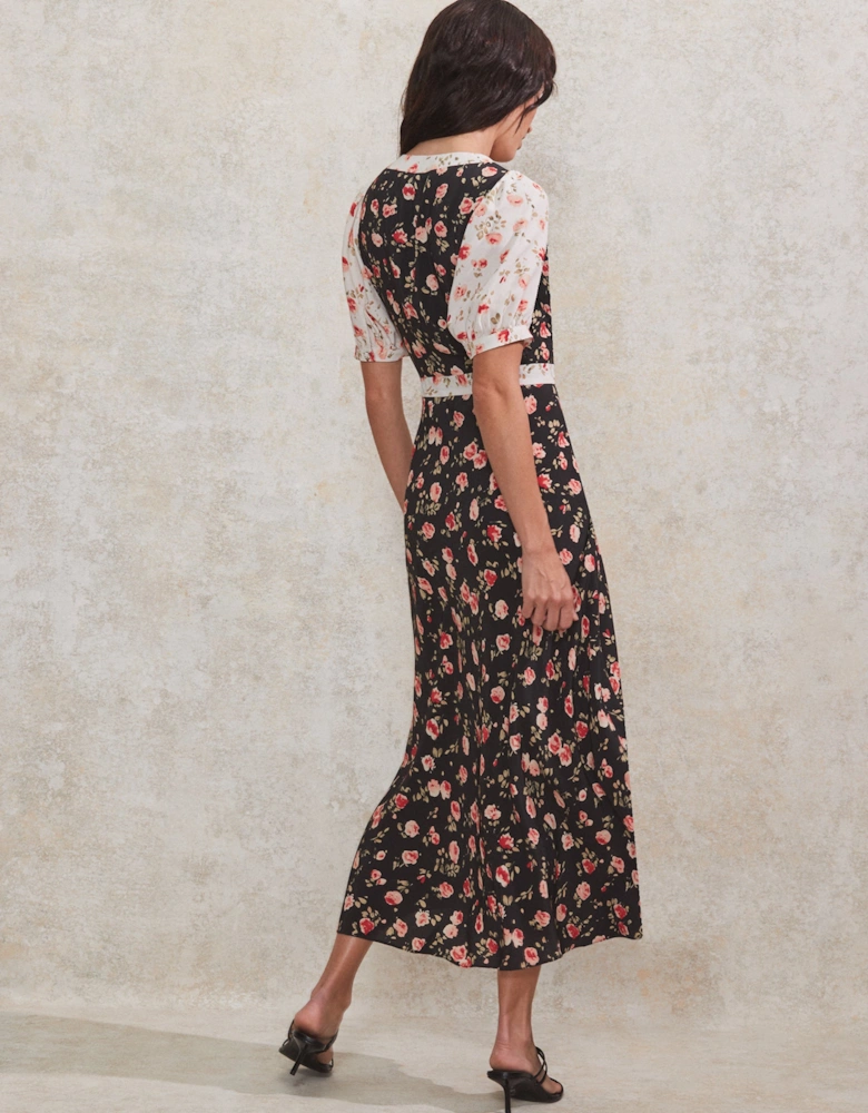 Contrast Rose-Print Puff-Sleeve Midi Dress