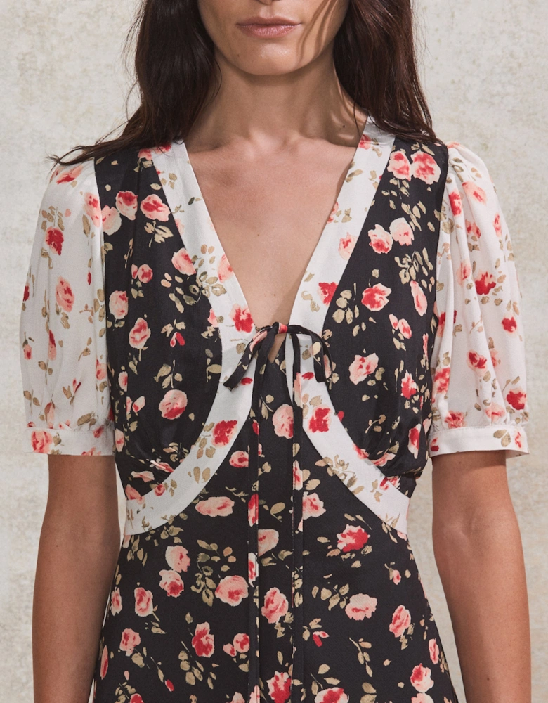 Contrast Rose-Print Puff-Sleeve Midi Dress
