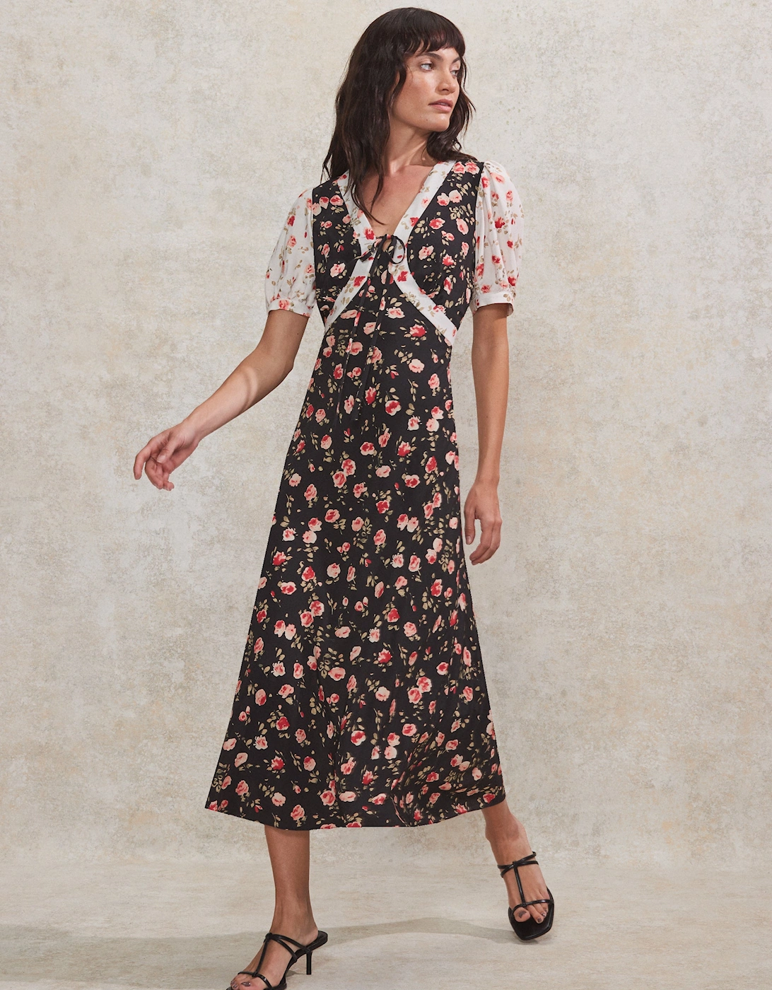 Contrast Rose-Print Puff-Sleeve Midi Dress