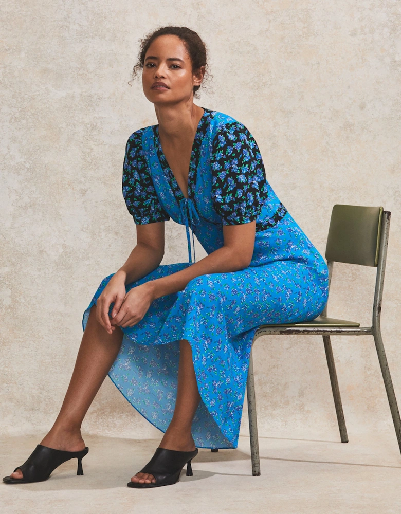Contrast Ditsy-Print Puff-Sleeve Midi Dress