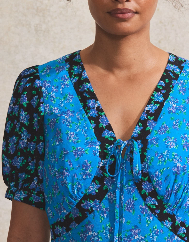 Contrast Ditsy-Print Puff-Sleeve Midi Dress