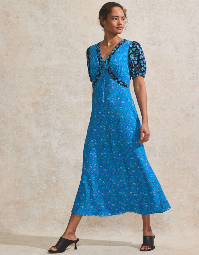 Contrast Ditsy-Print Puff-Sleeve Midi Dress