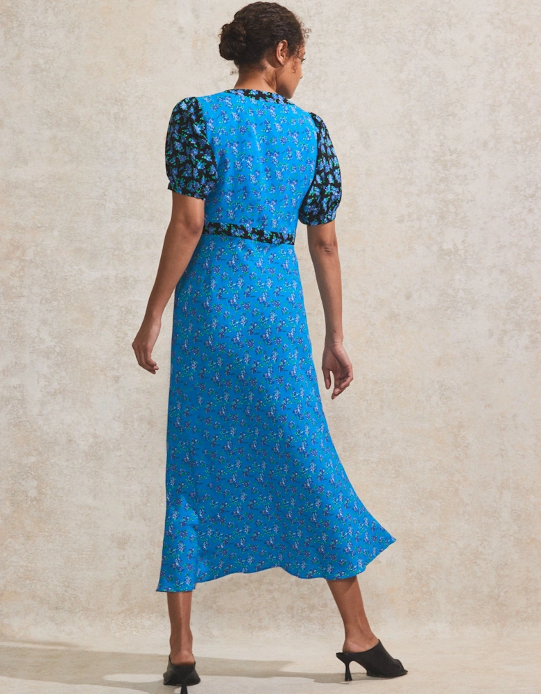 Contrast Ditsy-Print Puff-Sleeve Midi Dress