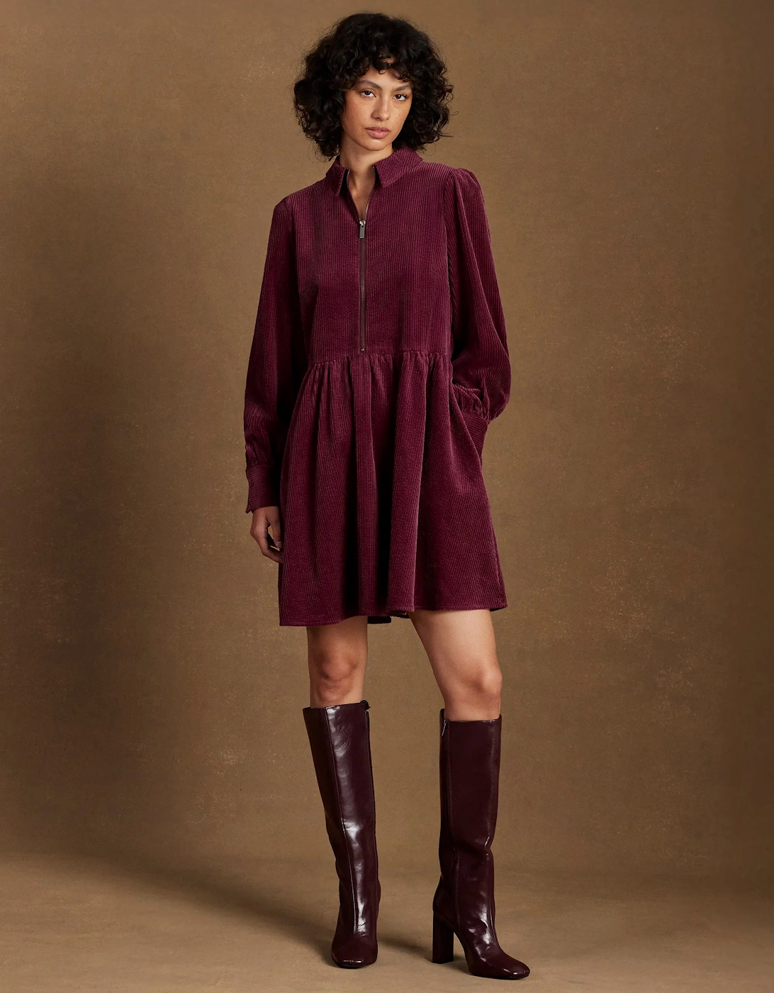 Burgundy Cord Zip Front Mini Dress