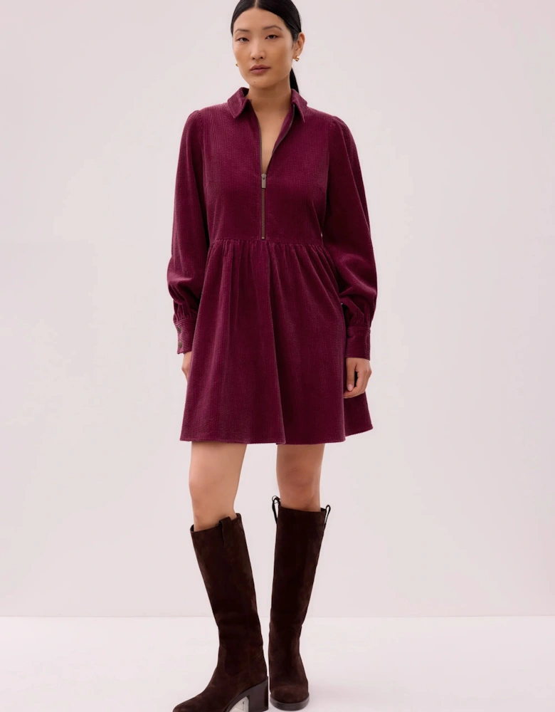 Burgundy Cord Zip Front Mini Dress