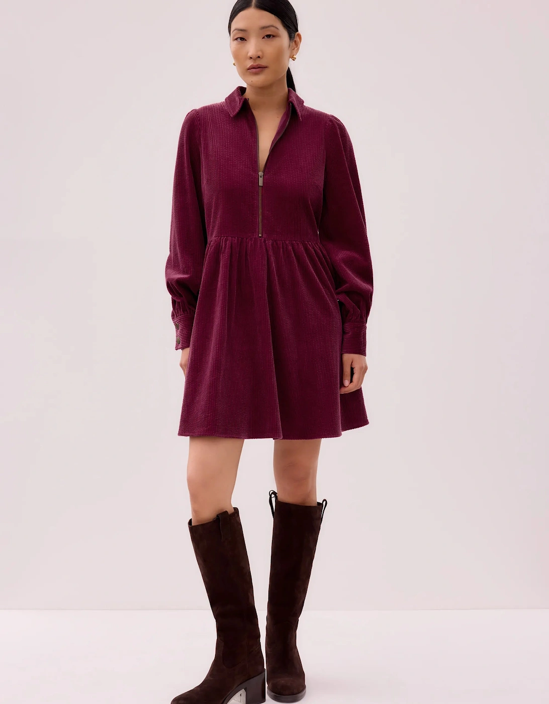 Burgundy Cord Zip Front Mini Dress