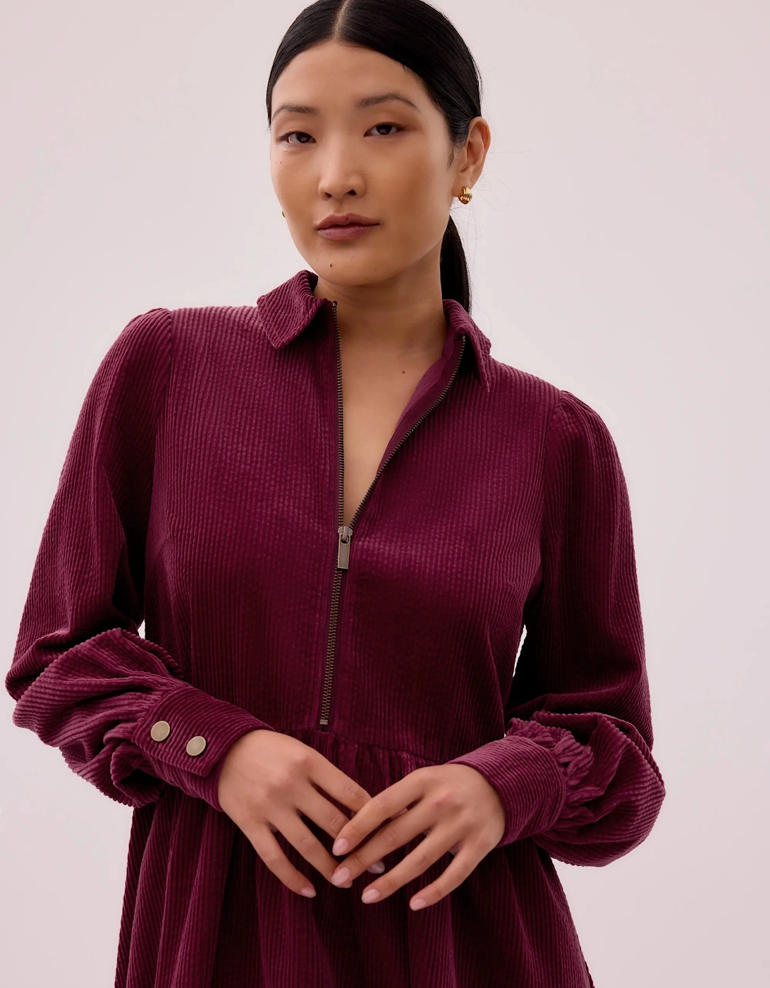 Burgundy Cord Zip Front Mini Dress