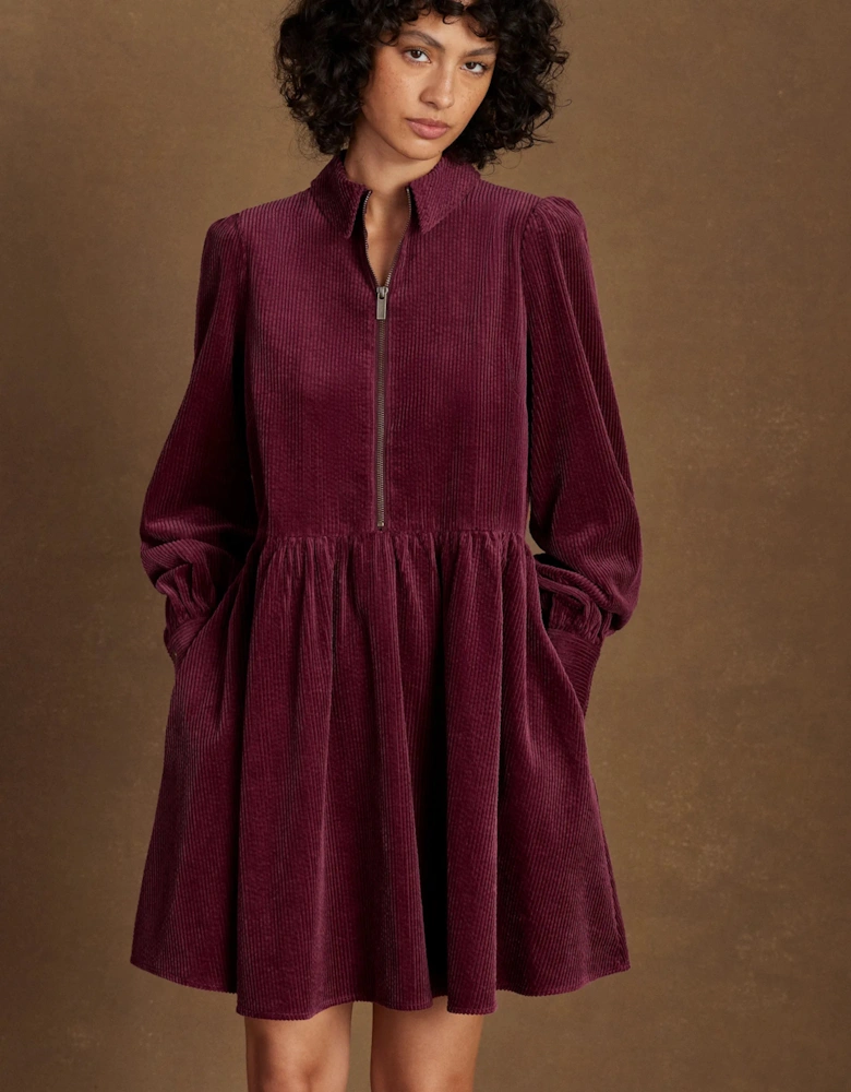 Burgundy Cord Zip Front Mini Dress