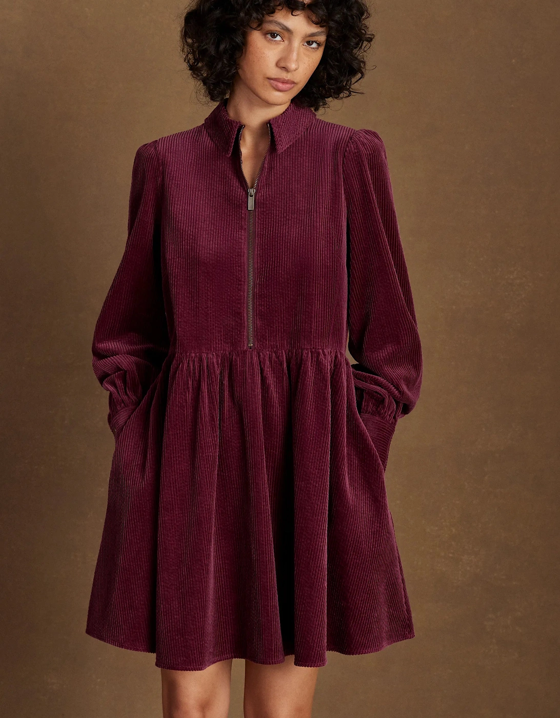 Burgundy Cord Zip Front Mini Dress