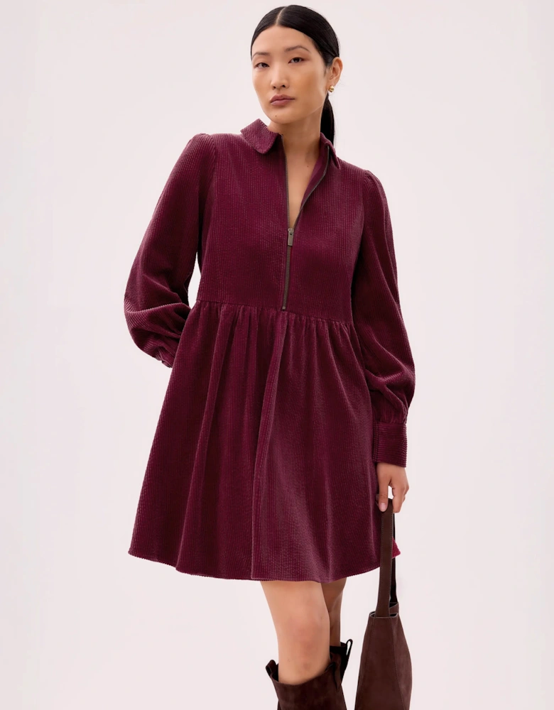 Burgundy Cord Zip Front Mini Dress