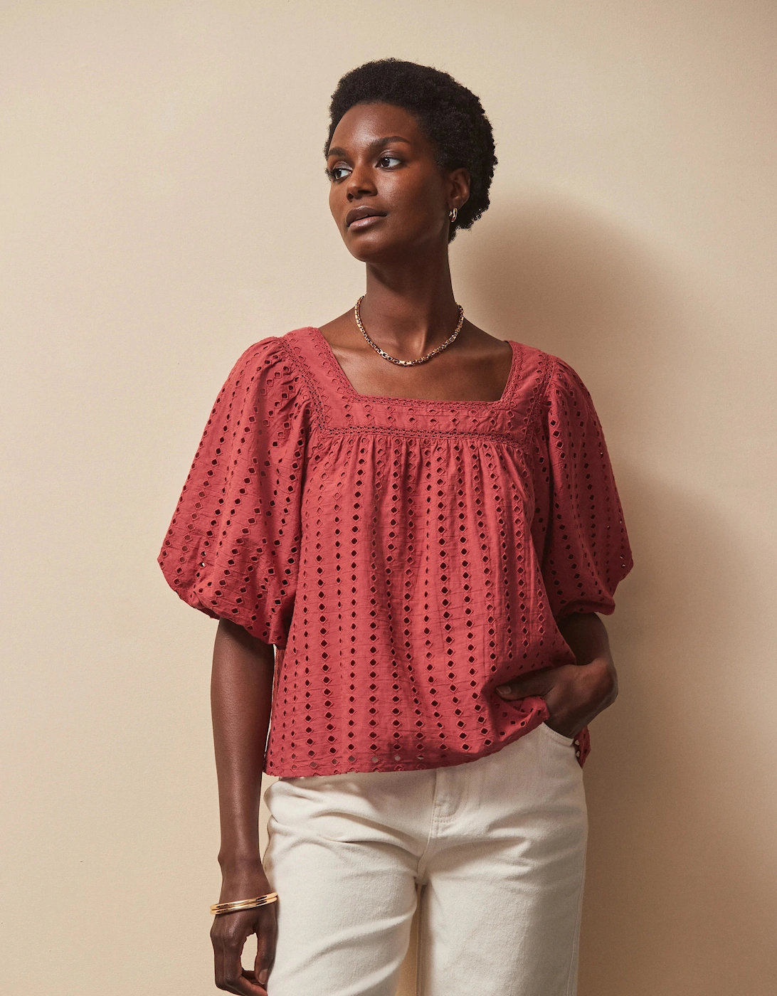 RO&ZO Women's Rust Broderie Anglaise Cotton Smock Top - Red - Size: 18