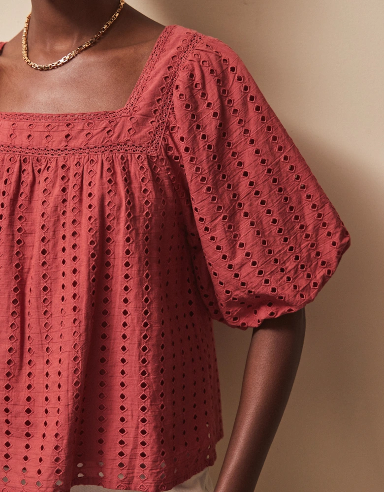 Rust Broderie Anglaise Cotton Smock Top
