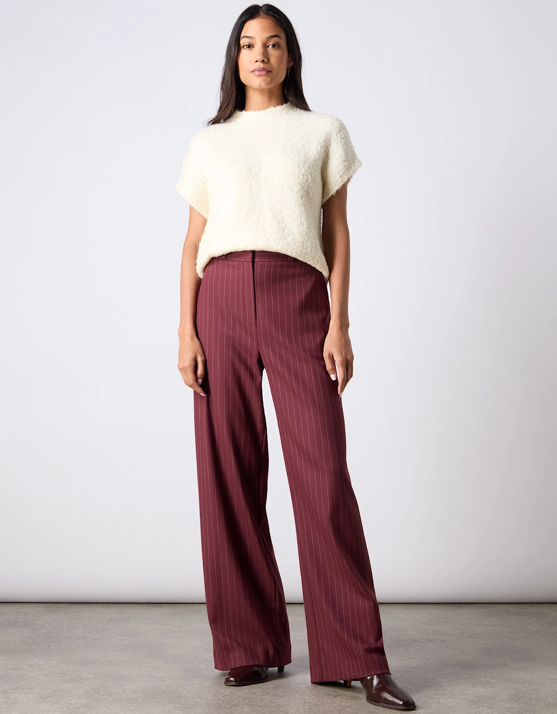 Burgundy Pinstripe Wide Leg Trousers