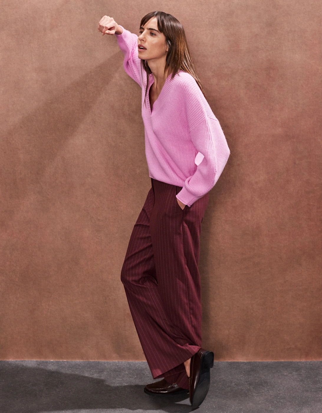 Burgundy Pinstripe Wide Leg Trousers