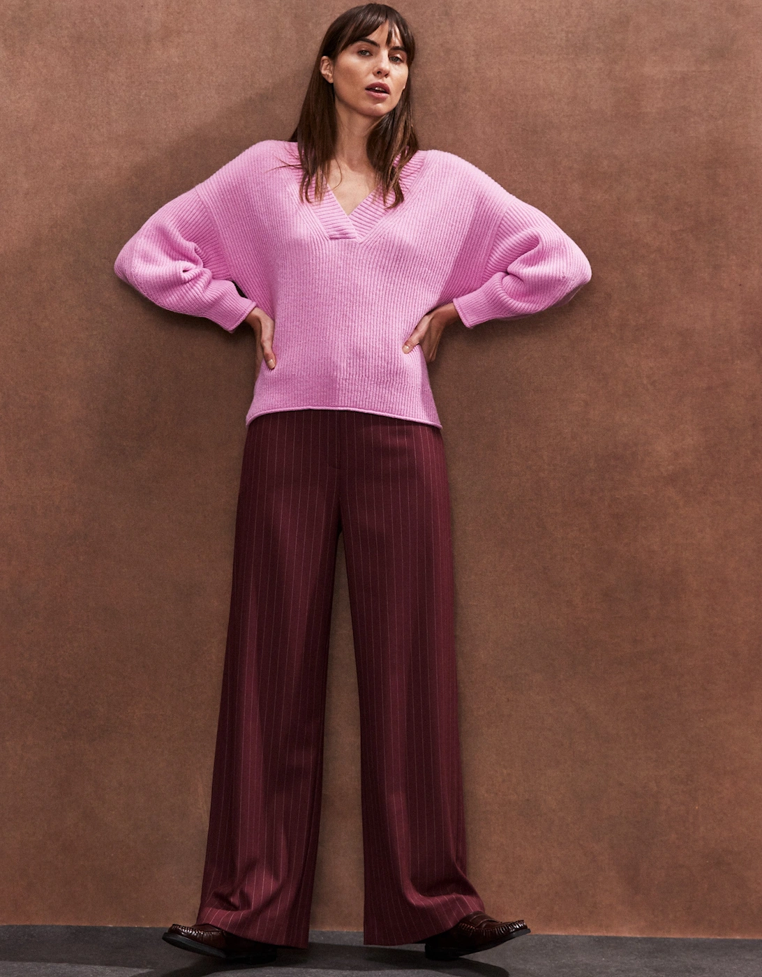 Burgundy Pinstripe Wide Leg Trousers