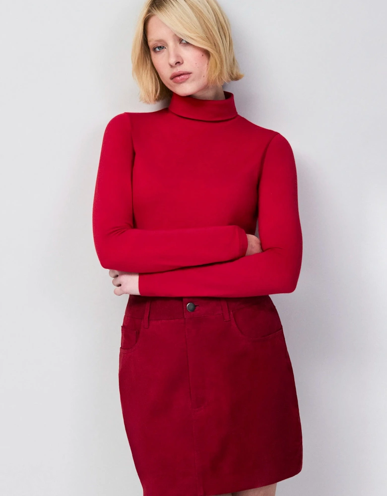 Red Cotton Blend Roll Neck Top