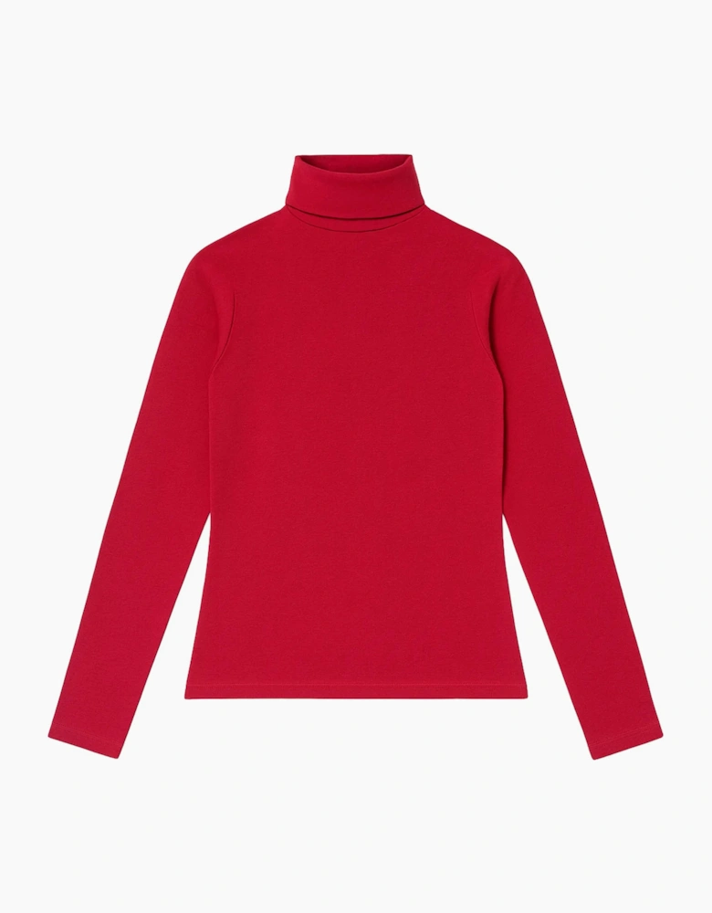 Red Cotton Blend Roll Neck Top