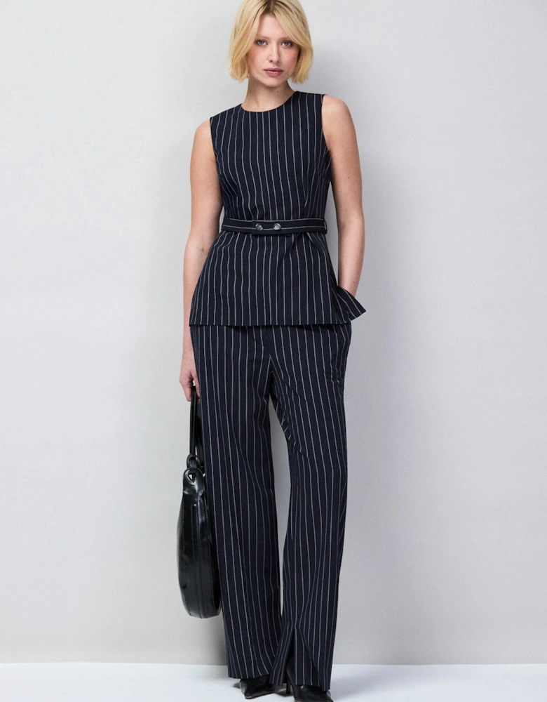 Petite Navy Pinstripe Tailored Long Line Top