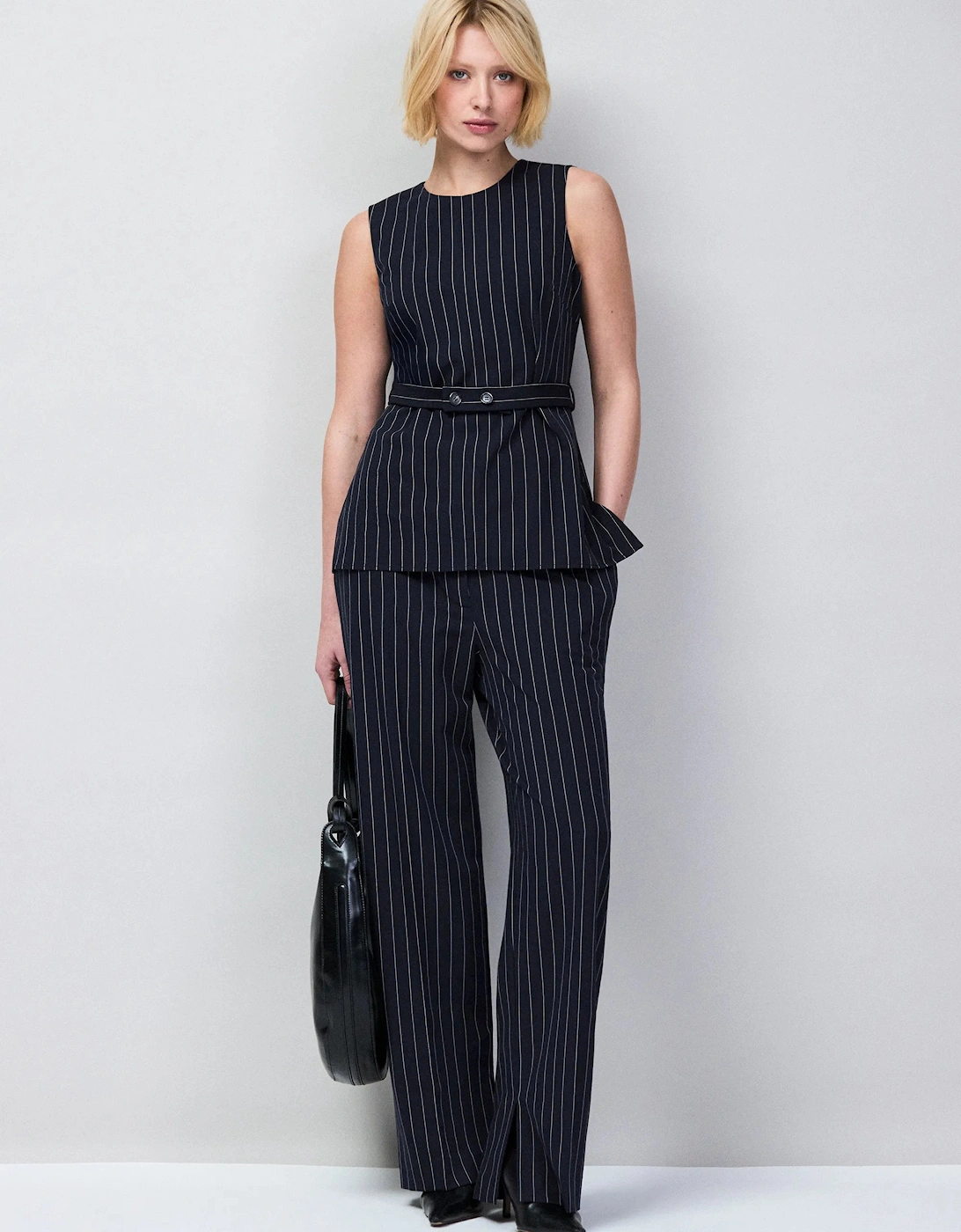 Petite Navy Pinstripe Tailored Long Line Top