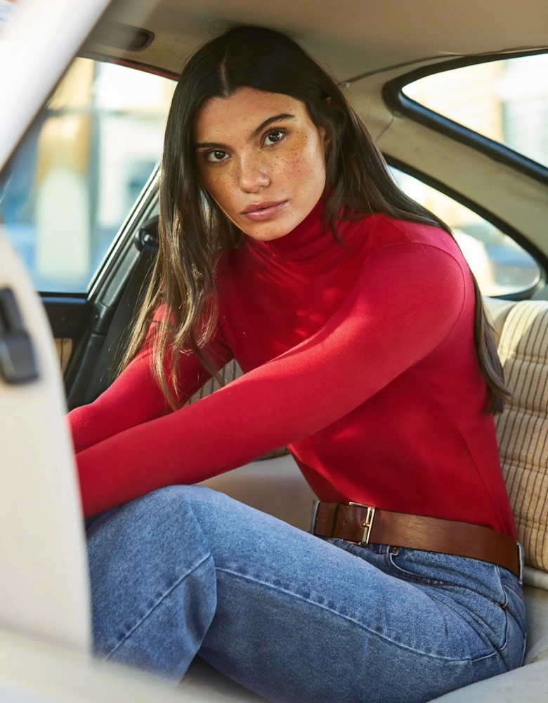 Red Cotton Blend Roll Neck Top