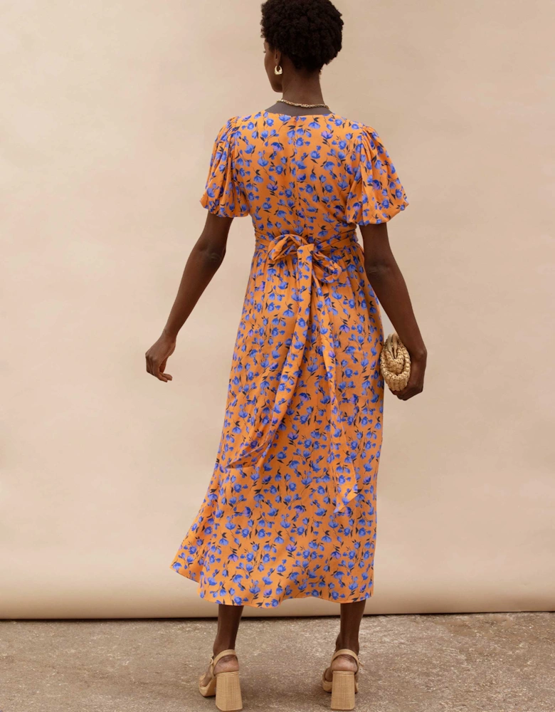 Petite Orange And Blue Floral Puff Sleeve Dress