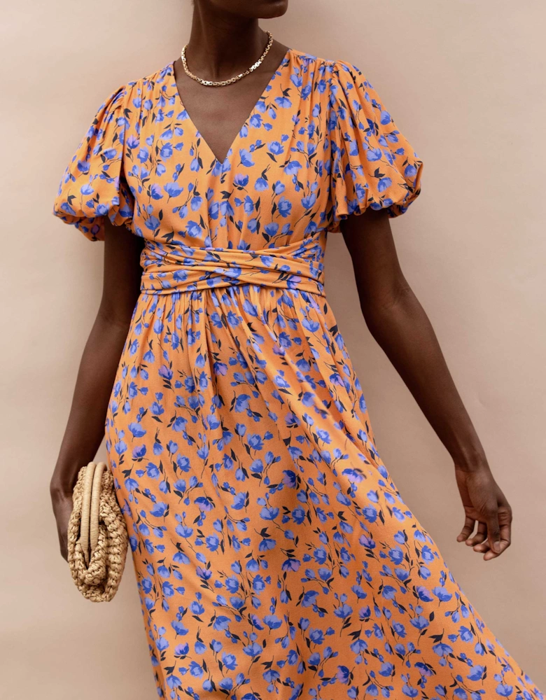 Petite Orange And Blue Floral Puff Sleeve Dress