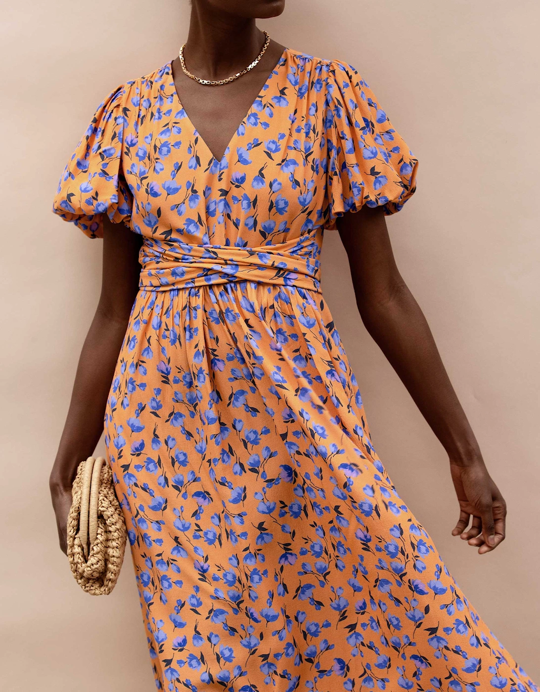 Petite Orange And Blue Floral Puff Sleeve Dress